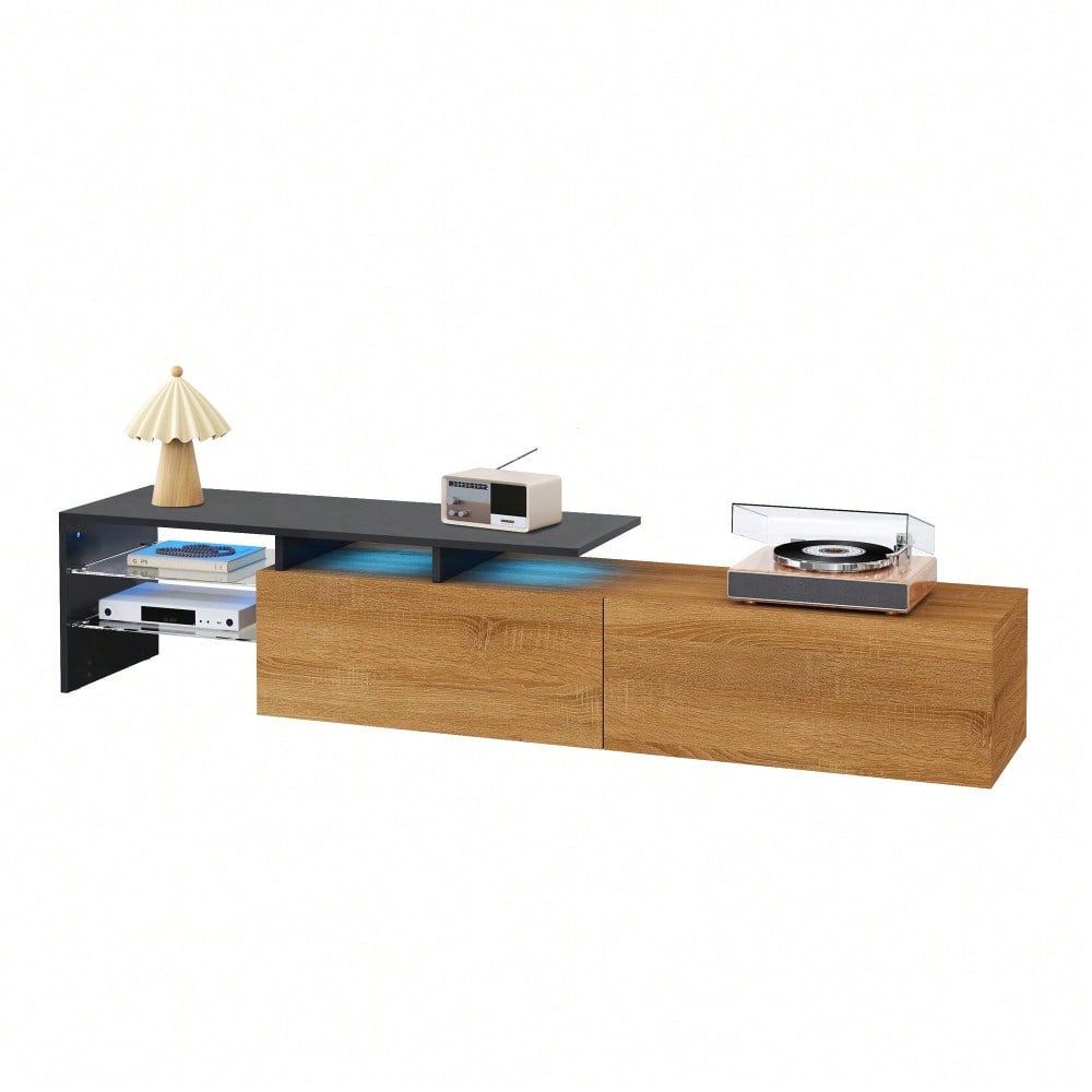 Modernes TV-Schrank-Design: stilvoll und elegant, praktischer Stauraum, schwarz, Holzoptik, Glasböden, LED-Beleuchtung