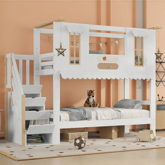 Etagenbett, Kinderbett, Aufbewahrungstreppe, Exquisite Fenster, Wellenförmige Dachkante, Mit Zwei Filzstücke zur Dekoration, Aufhängbare Dekorationen, Kiefer + MDF + Sperrholz, Weiß+Natur, 90x200cm