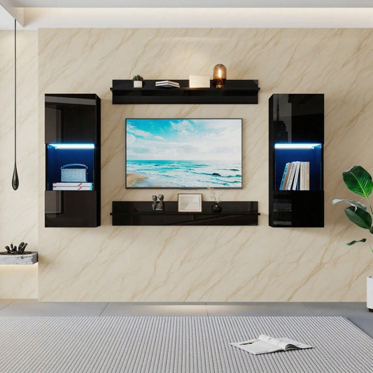 Wandregal 4er Sett, LED-Wandschrank und 2 Regale – Smarte APP-gesteuerte Beleuchtung, Hochglanzoberfläche und Türen aus gehärtetem Glas, für Wohnzimmer, TV-kompatibel, TV-Schrank-Set, Schwarz