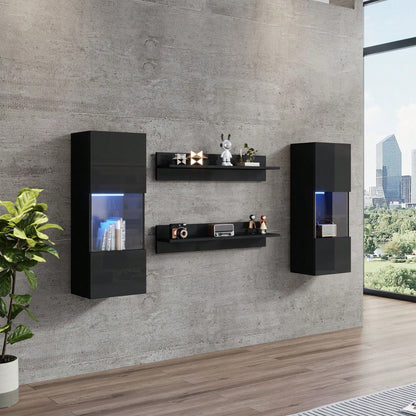 Wandregal 4er Sett, LED-Wandschrank und 2 Regale – Smarte APP-gesteuerte Beleuchtung, Hochglanzoberfläche und Türen aus gehärtetem Glas, für Wohnzimmer, TV-kompatibel, TV-Schrank-Set, Schwarz