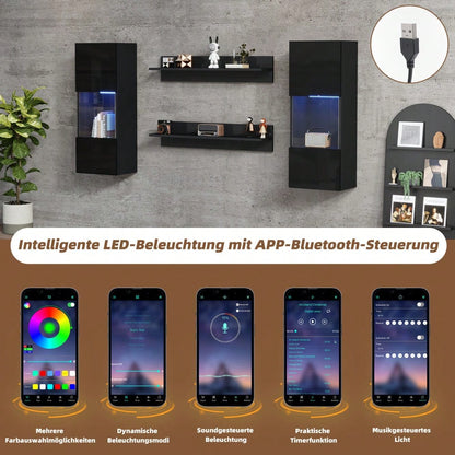 Wandregal 4er Sett, LED-Wandschrank und 2 Regale – Smarte APP-gesteuerte Beleuchtung, Hochglanzoberfläche und Türen aus gehärtetem Glas, für Wohnzimmer, TV-kompatibel, TV-Schrank-Set, Schwarz