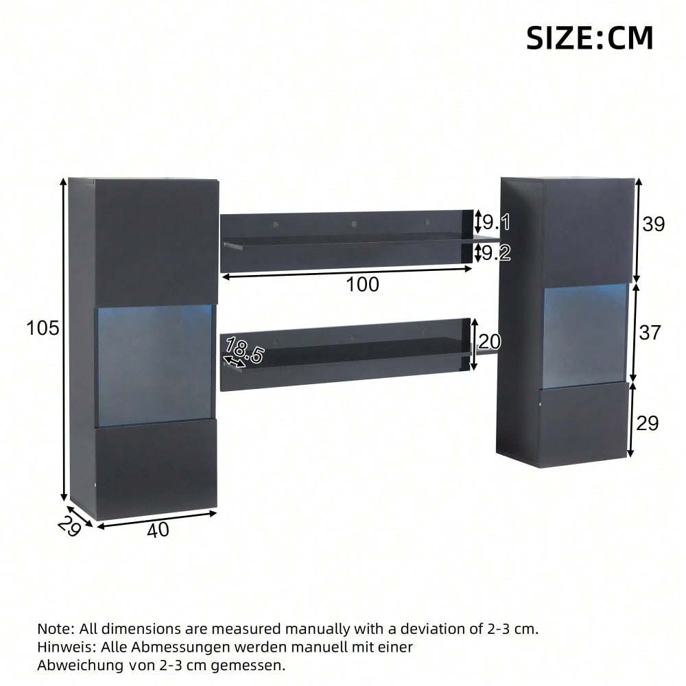 Wandregal 4er Sett, LED-Wandschrank und 2 Regale – Smarte APP-gesteuerte Beleuchtung, Hochglanzoberfläche und Türen aus gehärtetem Glas, für Wohnzimmer, TV-kompatibel, TV-Schrank-Set, Schwarz