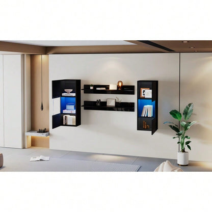 Wandregal 4er Sett, LED-Wandschrank und 2 Regale – Smarte APP-gesteuerte Beleuchtung, Hochglanzoberfläche und Türen aus gehärtetem Glas, für Wohnzimmer, TV-kompatibel, TV-Schrank-Set, Schwarz