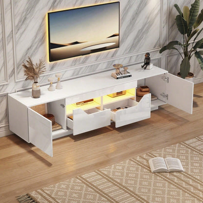 180*40*45cm Standfernsehschrank, Lowboard Mit 2 Schubladen und 2 Schränken,Hochglanz-TV-Schrank mit LED-Leuchten,TV-Board, Fernsehtisch,Geeignet für 75-Zoll-Fernseher,Weiß