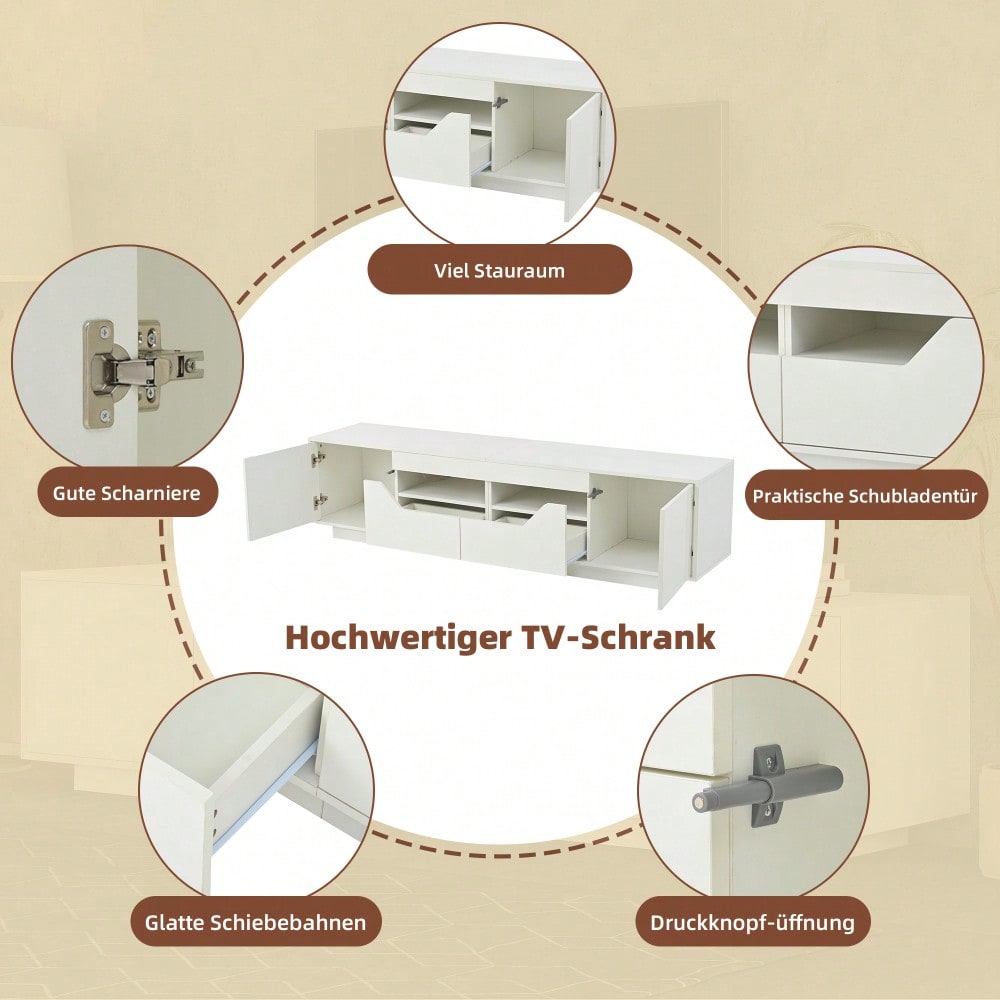 180*40*45cm Standfernsehschrank, Lowboard Mit 2 Schubladen und 2 Schränken,Hochglanz-TV-Schrank mit LED-Leuchten,TV-Board, Fernsehtisch,Geeignet für 75-Zoll-Fernseher,Weiß