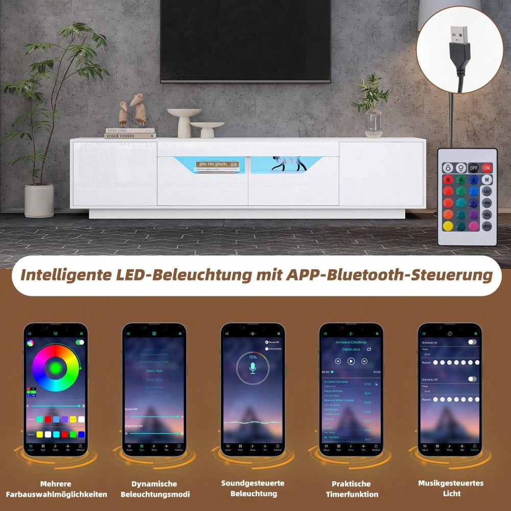 180*40*45cm Standfernsehschrank, Lowboard Mit 2 Schubladen und 2 Schränken,Hochglanz-TV-Schrank mit LED-Leuchten,TV-Board, Fernsehtisch,Geeignet für 75-Zoll-Fernseher,Weiß