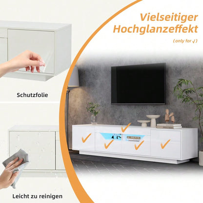 180*40*45cm Standfernsehschrank, Lowboard Mit 2 Schubladen und 2 Schränken,Hochglanz-TV-Schrank mit LED-Leuchten,TV-Board, Fernsehtisch,Geeignet für 75-Zoll-Fernseher,Weiß