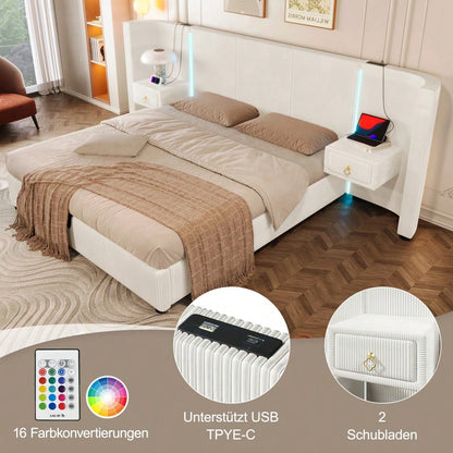 Polsterbett, 180*200cm , mit LED-Leiste, hydraulischer Stauraum, 2 Schubladen, ohne Matratze, USB + TYPE-C, Samt, Beige