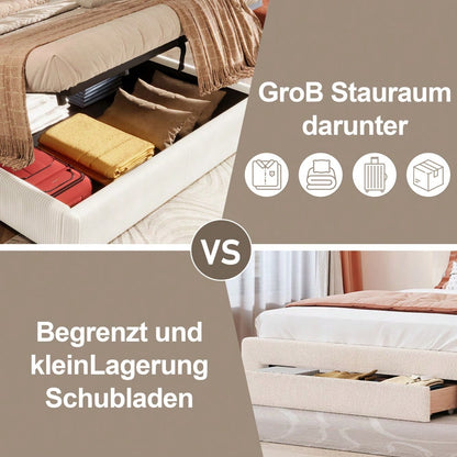 Polsterbett, 180*200cm , mit LED-Leiste, hydraulischer Stauraum, 2 Schubladen, ohne Matratze, USB + TYPE-C, Samt, Beige