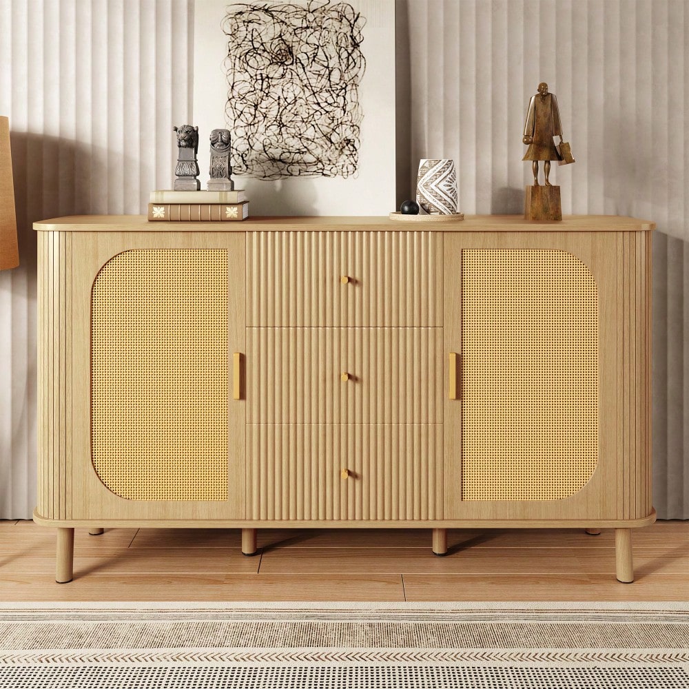 Dieses moderne Sideboard mit Schubladen, Regalen und Metallbeinen in Holzoptik ist ein vielseitiges Wohnzimmermöbelstück und ein absolutes Must-have.