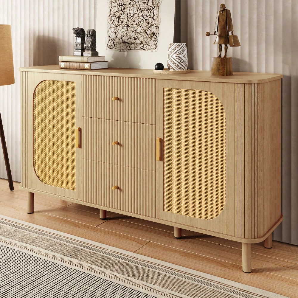 Dieses moderne Sideboard mit Schubladen, Regalen und Metallbeinen in Holzoptik ist ein vielseitiges Wohnzimmermöbelstück und ein absolutes Must-have.
