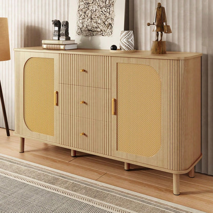 Dieses moderne Sideboard mit Schubladen, Regalen und Metallbeinen in Holzoptik ist ein vielseitiges Wohnzimmermöbelstück und ein absolutes Must-have.