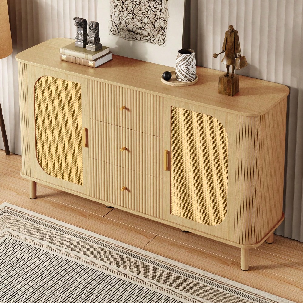 Dieses moderne Sideboard mit Schubladen, Regalen und Metallbeinen in Holzoptik ist ein vielseitiges Wohnzimmermöbelstück und ein absolutes Must-have.