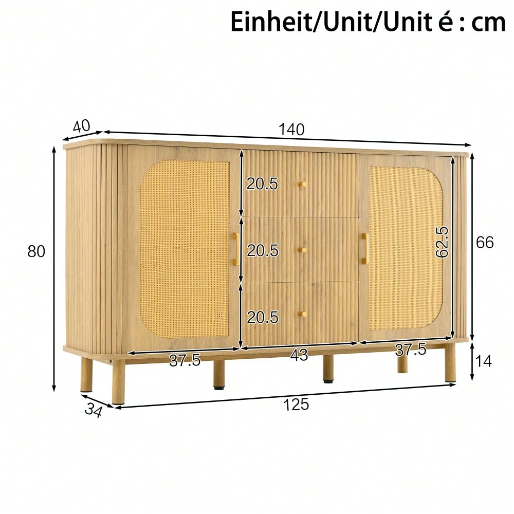 Dieses moderne Sideboard mit Schubladen, Regalen und Metallbeinen in Holzoptik ist ein vielseitiges Wohnzimmermöbelstück und ein absolutes Must-have.