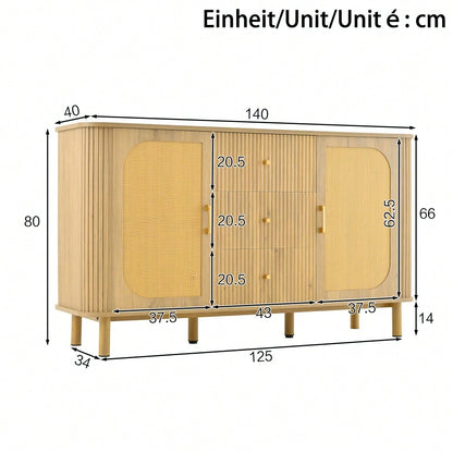 Dieses moderne Sideboard mit Schubladen, Regalen und Metallbeinen in Holzoptik ist ein vielseitiges Wohnzimmermöbelstück und ein absolutes Must-have.