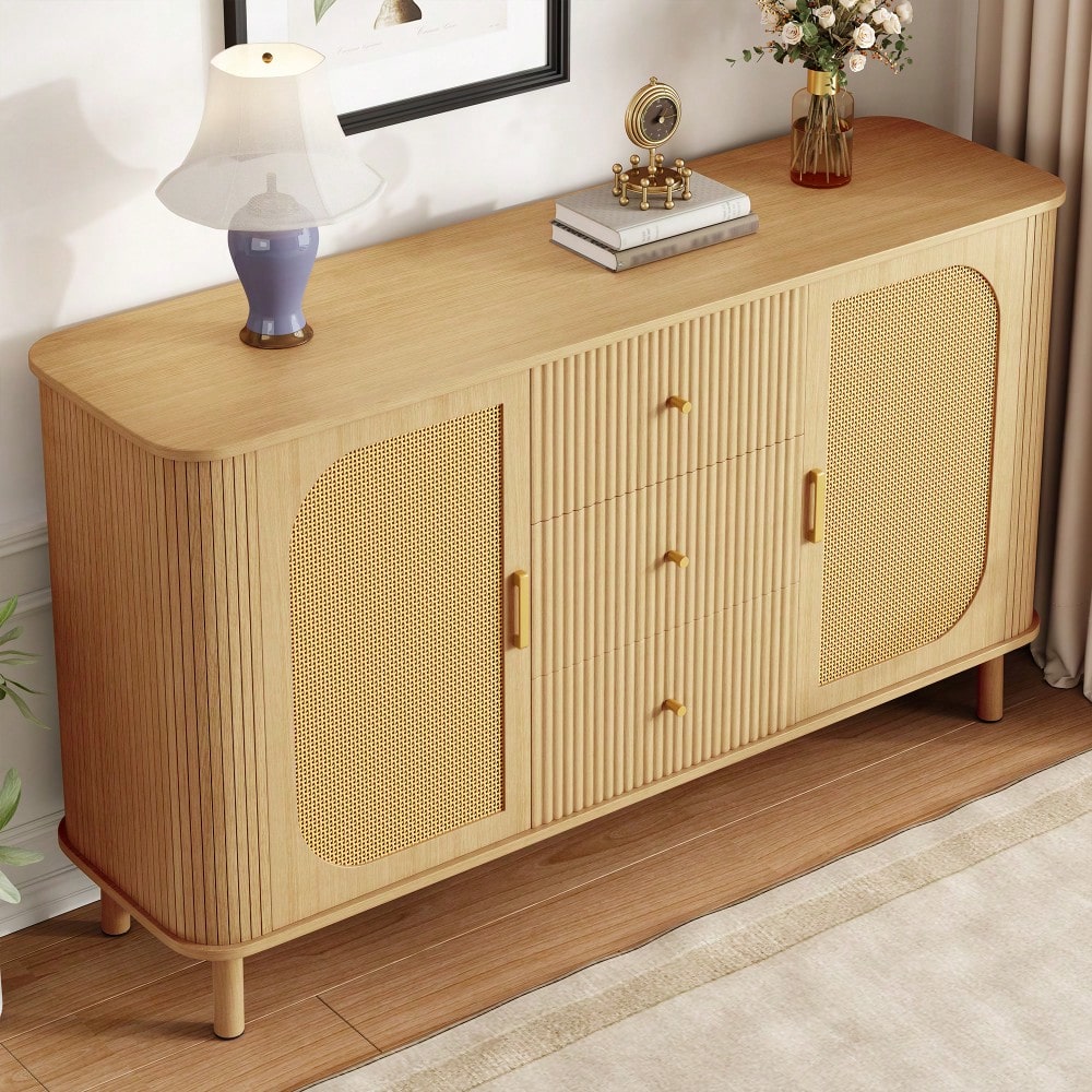 Dieses moderne Sideboard mit Schubladen, Regalen und Metallbeinen in Holzoptik ist ein vielseitiges Wohnzimmermöbelstück und ein absolutes Must-have.