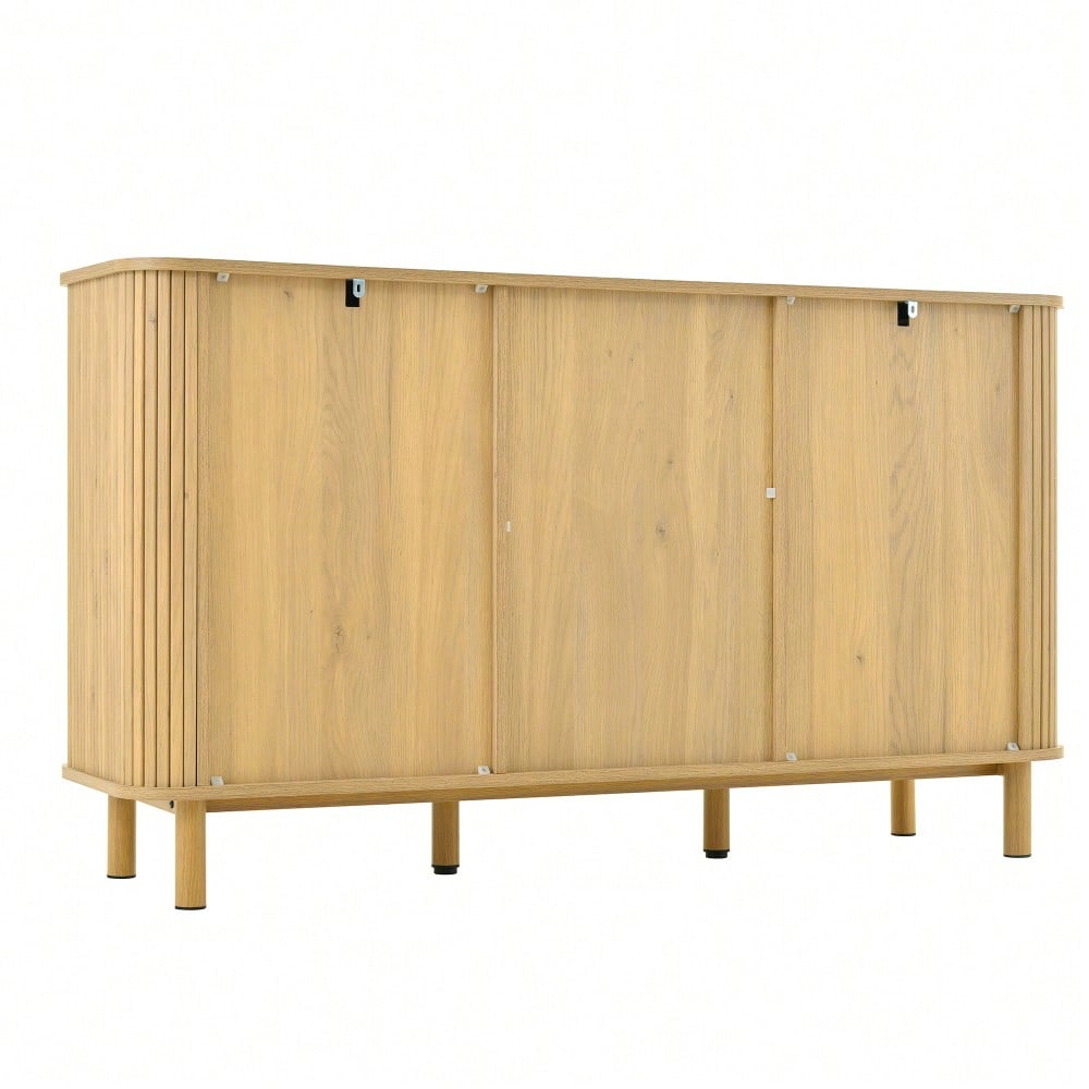 Dieses moderne Sideboard mit Schubladen, Regalen und Metallbeinen in Holzoptik ist ein vielseitiges Wohnzimmermöbelstück und ein absolutes Must-have.