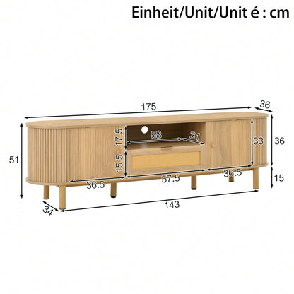 Moderner TV-Schrank mit Rattan-Schubladen mit offenen Fächern, abgerundeter Tischplatte, Metallbeinen in Holzoptik, multifunktionales Wohnzimmermöbel.