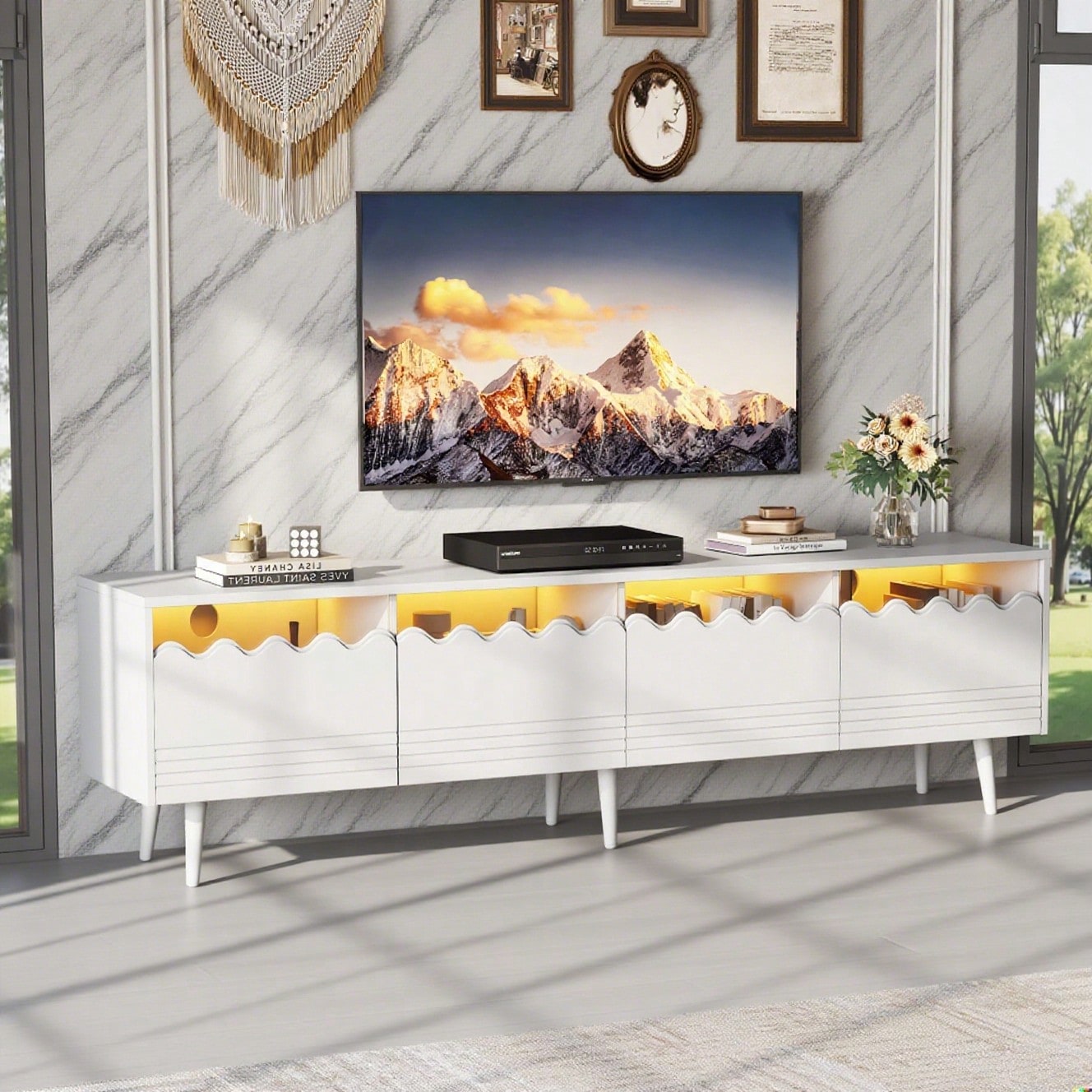 176*38*45cm Lowboard mit 6 Stützbeinen, TV-Ständer mit 2 Schubladen und 2 Schränken, Fernsehschrank, Wohnzimmermöbel, TV-Board,  passend für TV-Ständer bis zu 75 Zoll, TV-Schränke, Weiß