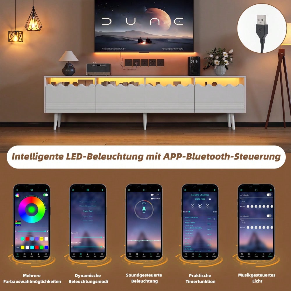 176*38*45cm Lowboard mit 6 Stützbeinen, TV-Ständer mit 2 Schubladen und 2 Schränken, Fernsehschrank, Wohnzimmermöbel, TV-Board,  passend für TV-Ständer bis zu 75 Zoll, TV-Schränke, Weiß