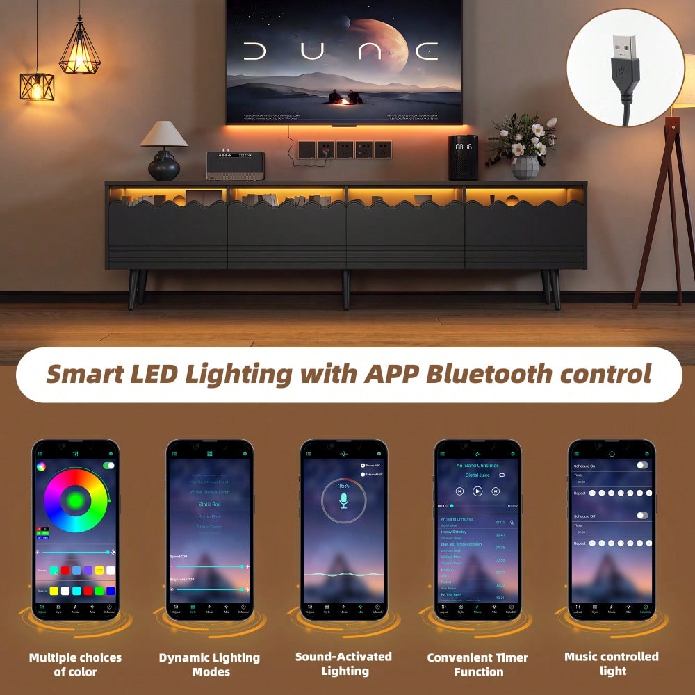 176*38*45cm Lowboard mit 6 Stützbeinen, TV-Ständer mit 2 Schubladen und 2 Schränken, Fernsehschrank, Wohnzimmermöbel, TV-Board,  passend für TV-Ständer bis zu 75 Zoll, TV-Schränke, Schwarz