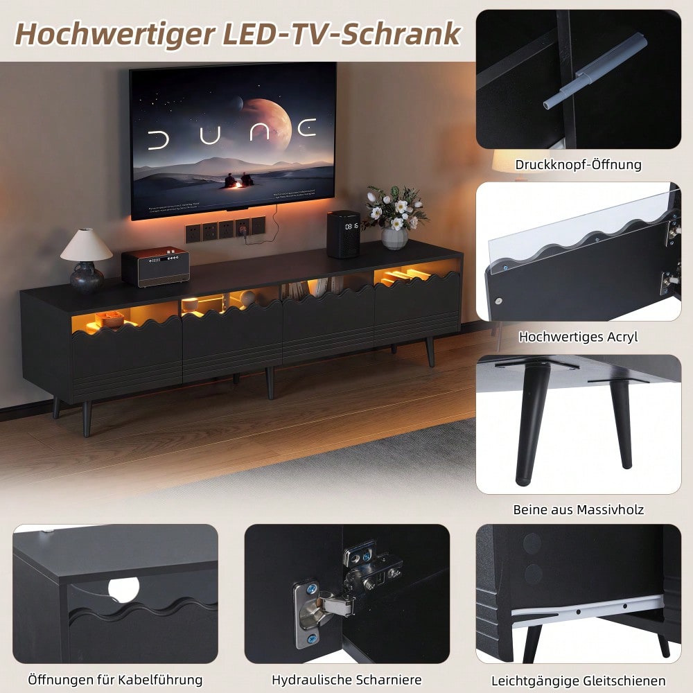 176*38*45cm Lowboard mit 6 Stützbeinen, TV-Ständer mit 2 Schubladen und 2 Schränken, Fernsehschrank, Wohnzimmermöbel, TV-Board,  passend für TV-Ständer bis zu 75 Zoll, TV-Schränke, Schwarz