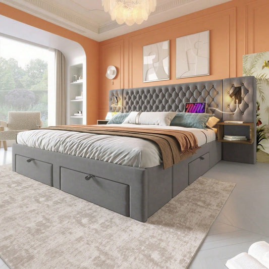(=ABMA26089G)Bettanlage Schlafzimmer Komplett Set, Polsterbett Doppelbett 160×200 cm mit 2 Nachttischen und 4 Schubladen, Kopfteil Leselicht mit USB Ladefunktion, Grau, Samt (Mit Matratze)