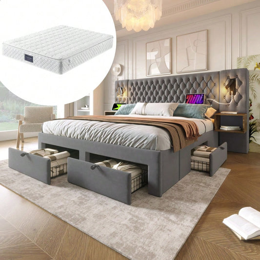 (=ABMA26089G)Bettanlage Schlafzimmer Komplett Set, Polsterbett Doppelbett 160×200 cm mit 2 Nachttischen und 4 Schubladen, Kopfteil Leselicht mit USB Ladefunktion, Grau, Samt (Mit Matratze)