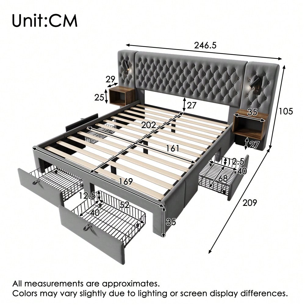 (=ABMA26089G)Bettanlage Schlafzimmer Komplett Set, Polsterbett Doppelbett 160×200 cm mit 2 Nachttischen und 4 Schubladen, Kopfteil Leselicht mit USB Ladefunktion, Grau, Samt (Mit Matratze)