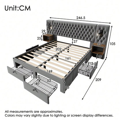 (=ABMA26089G)Bettanlage Schlafzimmer Komplett Set, Polsterbett Doppelbett 160×200 cm mit 2 Nachttischen und 4 Schubladen, Kopfteil Leselicht mit USB Ladefunktion, Grau, Samt (Mit Matratze)