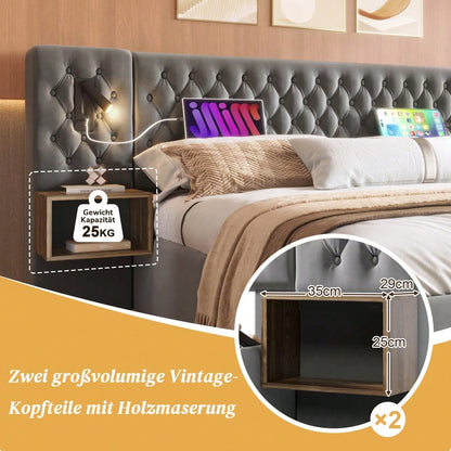 (=ABMA26089G)Bettanlage Schlafzimmer Komplett Set, Polsterbett Doppelbett 160×200 cm mit 2 Nachttischen und 4 Schubladen, Kopfteil Leselicht mit USB Ladefunktion, Grau, Samt (Mit Matratze)