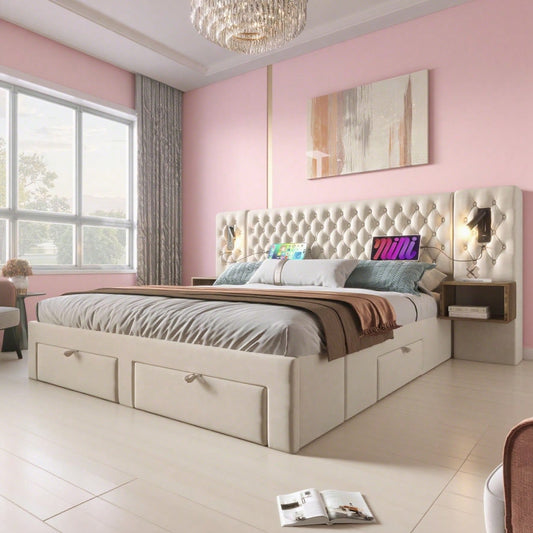 (=ABMA260890B)Bettanlage Schlafzimmer Komplett Set, Polsterbett Doppelbett 160×200 cm mit 2 Nachttischen und 4 Schubladen, Kopfteil Leselicht mit USB Ladefunktion, Beige, Samt (Mit Matratze)