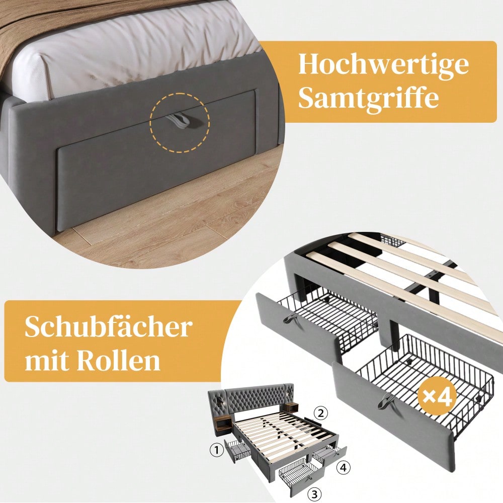 (=ABMA26089G)Bettanlage Schlafzimmer Komplett Set, Polsterbett Doppelbett 160×200 cm mit 2 Nachttischen und 4 Schubladen, Kopfteil Leselicht mit USB Ladefunktion, Grau, Samt (Mit Matratze)