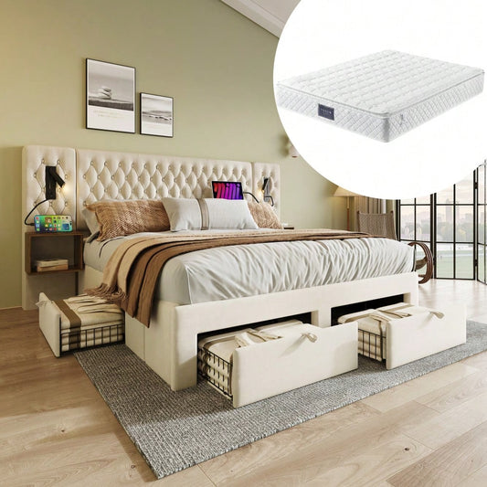 (=ABMA260890B)Bettanlage Schlafzimmer Komplett Set, Polsterbett Doppelbett 160×200 cm mit 2 Nachttischen und 4 Schubladen, Kopfteil Leselicht mit USB Ladefunktion, Beige, Samt (Mit Matratze)