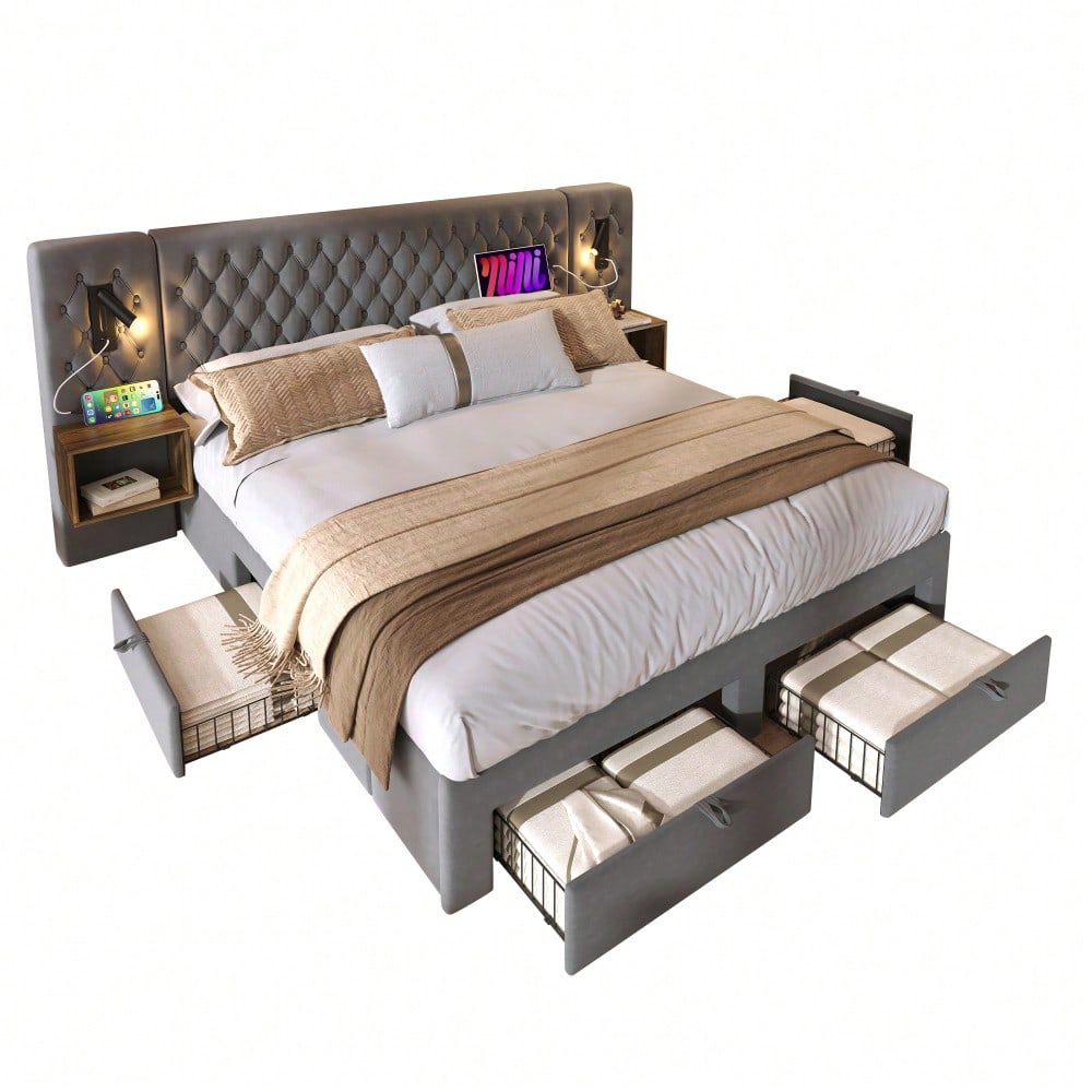 (=ABMA26089G)Bettanlage Schlafzimmer Komplett Set, Polsterbett Doppelbett 160×200 cm mit 2 Nachttischen und 4 Schubladen, Kopfteil Leselicht mit USB Ladefunktion, Grau, Samt (Mit Matratze)
