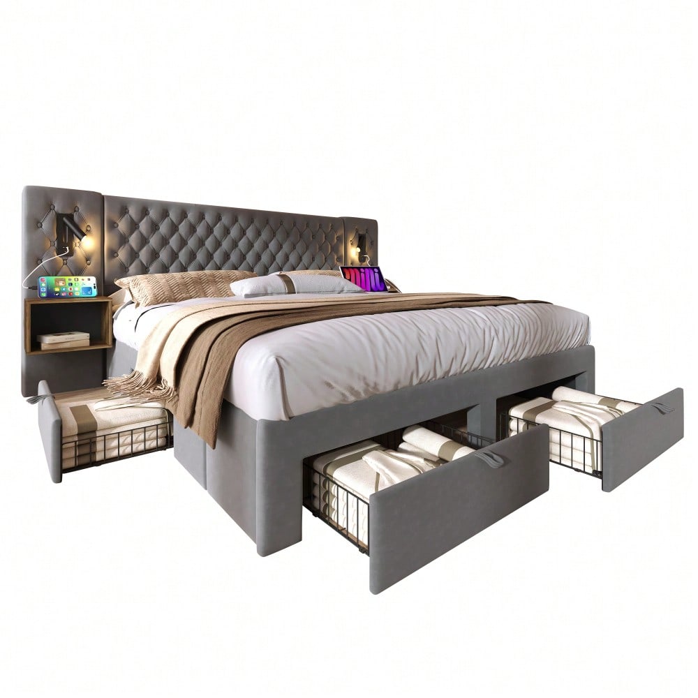 (=ABMA26089G)Bettanlage Schlafzimmer Komplett Set, Polsterbett Doppelbett 160×200 cm mit 2 Nachttischen und 4 Schubladen, Kopfteil Leselicht mit USB Ladefunktion, Grau, Samt (Mit Matratze)