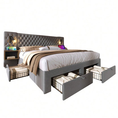 (=ABMA26089G)Bettanlage Schlafzimmer Komplett Set, Polsterbett Doppelbett 160×200 cm mit 2 Nachttischen und 4 Schubladen, Kopfteil Leselicht mit USB Ladefunktion, Grau, Samt (Mit Matratze)