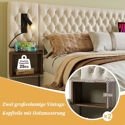 (=ABMA260890B)Bettanlage Schlafzimmer Komplett Set, Polsterbett Doppelbett 160×200 cm mit 2 Nachttischen und 4 Schubladen, Kopfteil Leselicht mit USB Ladefunktion, Beige, Samt (Mit Matratze)