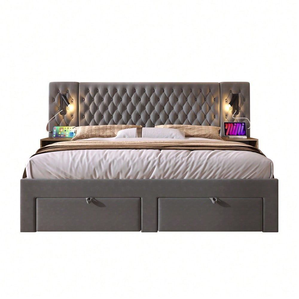 (=ABMA26089G)Bettanlage Schlafzimmer Komplett Set, Polsterbett Doppelbett 160×200 cm mit 2 Nachttischen und 4 Schubladen, Kopfteil Leselicht mit USB Ladefunktion, Grau, Samt (Mit Matratze)