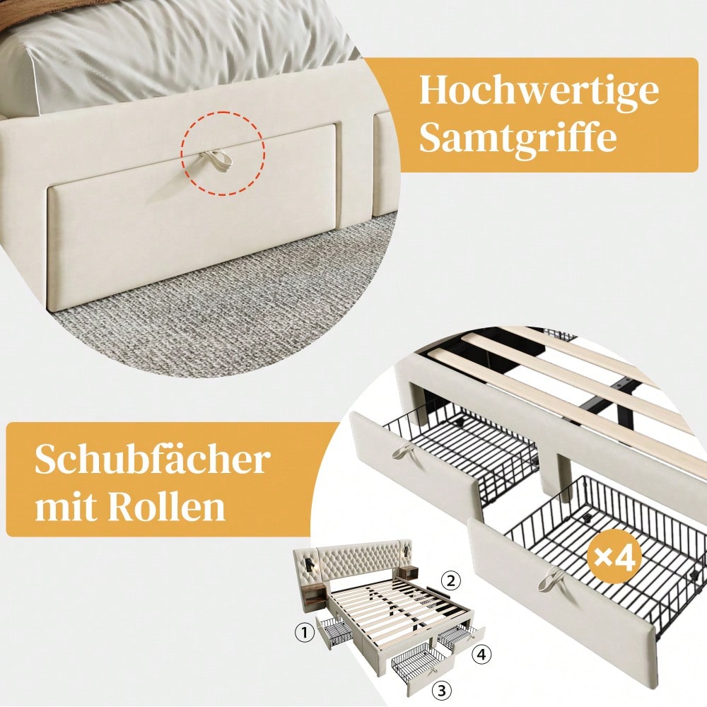 (=ABMA260890B)Bettanlage Schlafzimmer Komplett Set, Polsterbett Doppelbett 160×200 cm mit 2 Nachttischen und 4 Schubladen, Kopfteil Leselicht mit USB Ladefunktion, Beige, Samt (Mit Matratze)