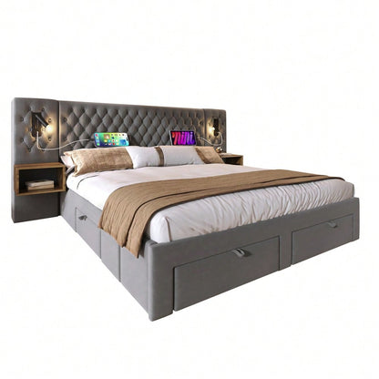 (=ABMA26089G)Bettanlage Schlafzimmer Komplett Set, Polsterbett Doppelbett 160×200 cm mit 2 Nachttischen und 4 Schubladen, Kopfteil Leselicht mit USB Ladefunktion, Grau, Samt (Mit Matratze)