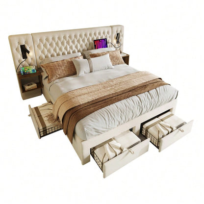 (=ABMA260890B)Bettanlage Schlafzimmer Komplett Set, Polsterbett Doppelbett 160×200 cm mit 2 Nachttischen und 4 Schubladen, Kopfteil Leselicht mit USB Ladefunktion, Beige, Samt (Mit Matratze)