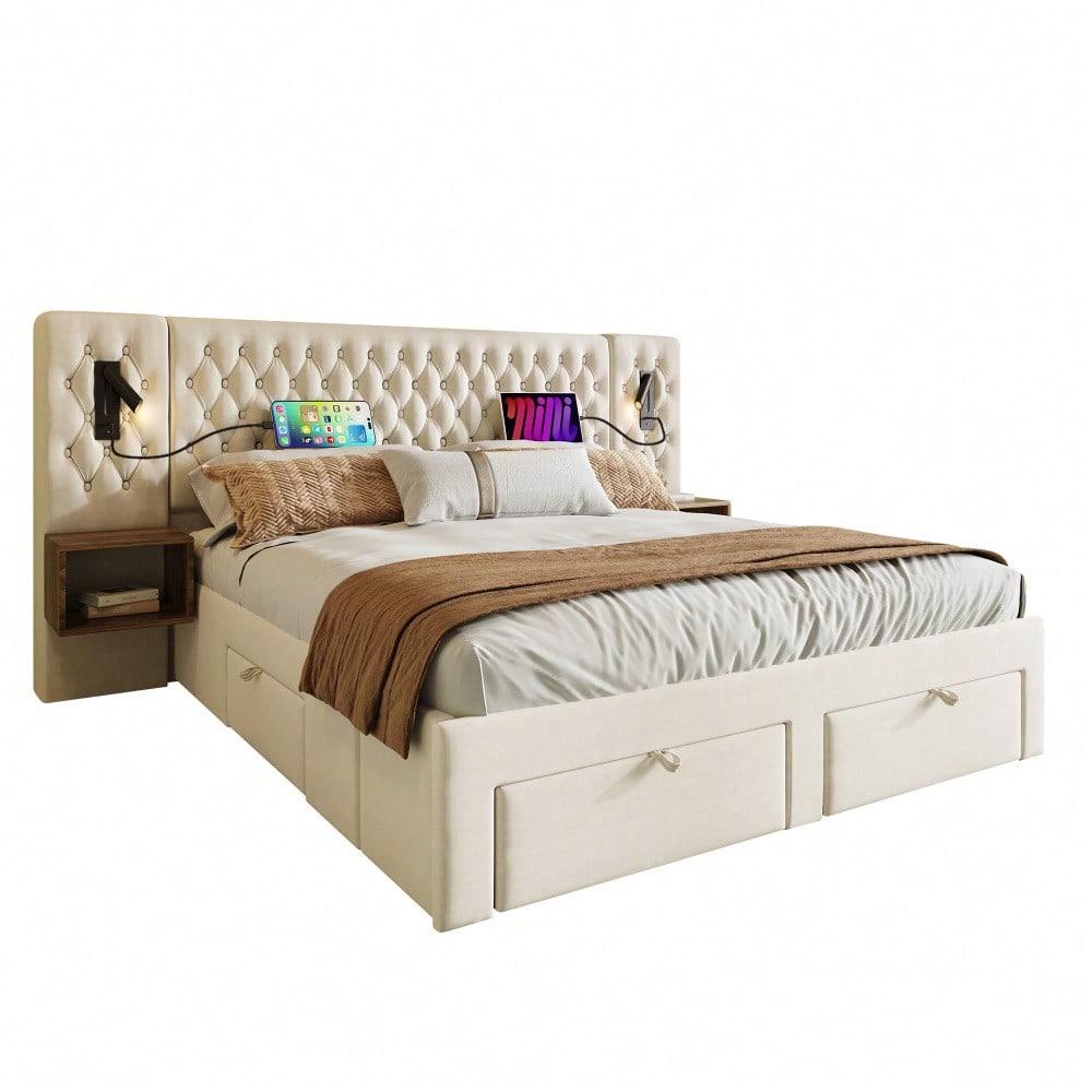 (=ABMA260890B)Bettanlage Schlafzimmer Komplett Set, Polsterbett Doppelbett 160×200 cm mit 2 Nachttischen und 4 Schubladen, Kopfteil Leselicht mit USB Ladefunktion, Beige, Samt (Mit Matratze)