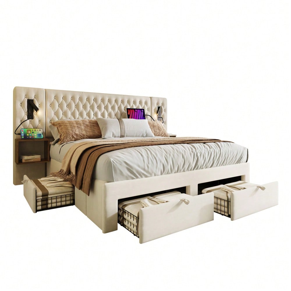 (=ABMA260890B)Bettanlage Schlafzimmer Komplett Set, Polsterbett Doppelbett 160×200 cm mit 2 Nachttischen und 4 Schubladen, Kopfteil Leselicht mit USB Ladefunktion, Beige, Samt (Mit Matratze)