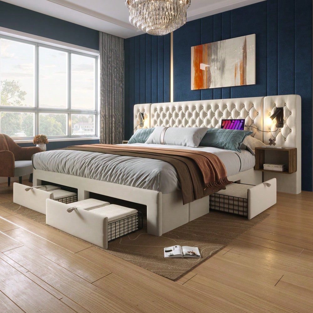 (=ABMA260890B)Bettanlage Schlafzimmer Komplett Set, Polsterbett Doppelbett 160×200 cm mit 2 Nachttischen und 4 Schubladen, Kopfteil Leselicht mit USB Ladefunktion, Beige, Samt (Mit Matratze)