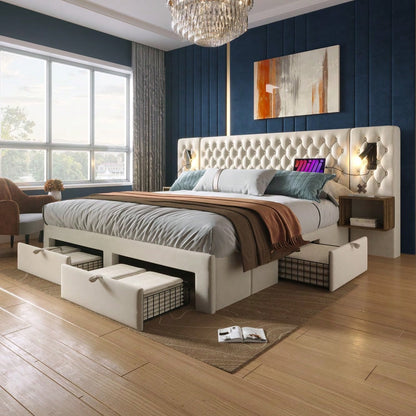 (=ABMA260890B)Bettanlage Schlafzimmer Komplett Set, Polsterbett Doppelbett 160×200 cm mit 2 Nachttischen und 4 Schubladen, Kopfteil Leselicht mit USB Ladefunktion, Beige, Samt (Mit Matratze)