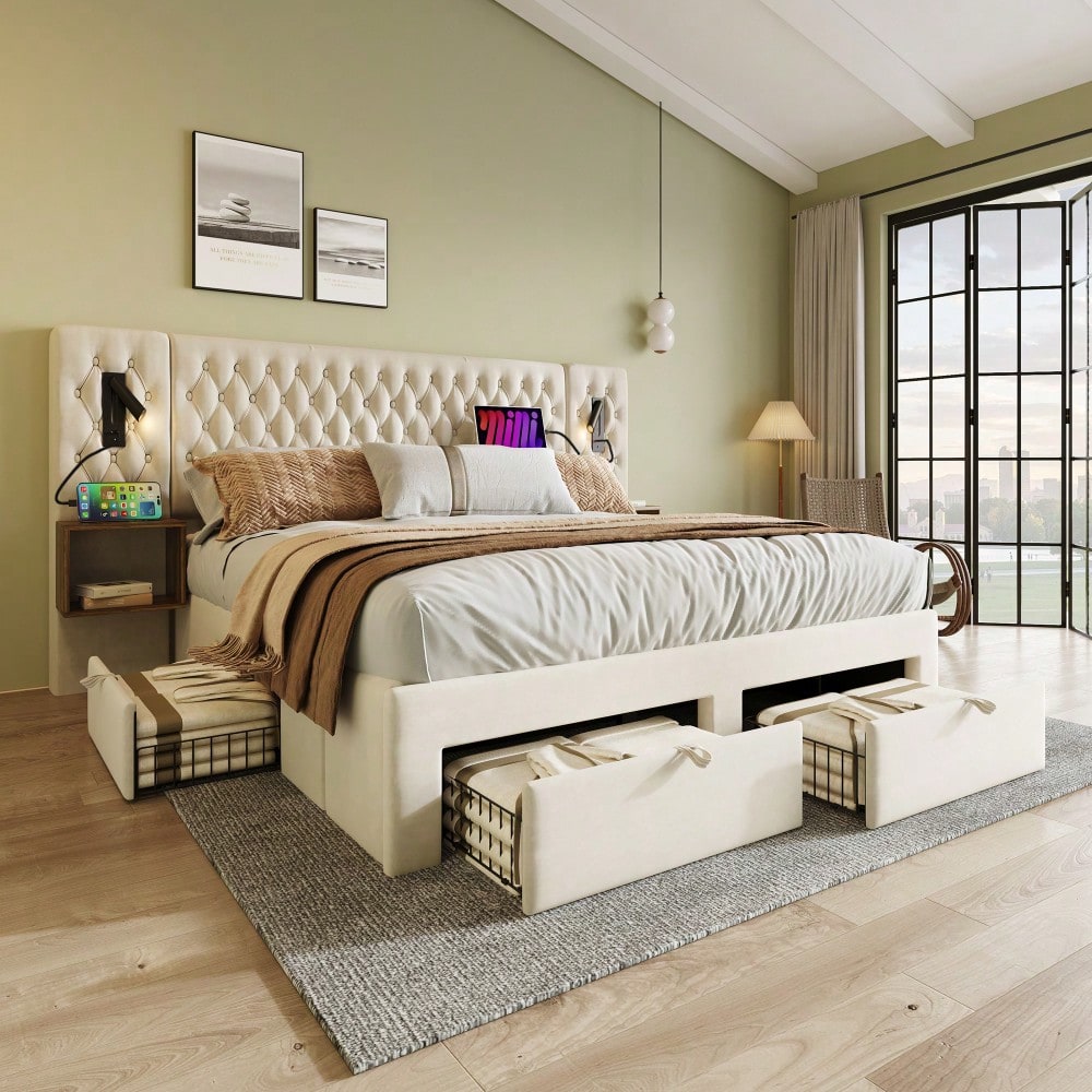 (=ABMA260890B)Bettanlage Schlafzimmer Komplett Set, Polsterbett Doppelbett 160×200 cm mit 2 Nachttischen und 4 Schubladen, Kopfteil Leselicht mit USB Ladefunktion, Beige, Samt (Mit Matratze)