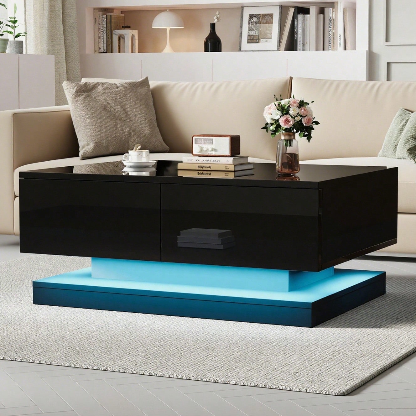 90*50*38cm schwarzer Hochglanz-Couchtisch, Sofatisch mit 2 Schubladen, ausgestattet mit einem stimmungsvollen Wohnzimmertisch mit LED-Beleuchtung, gesteuert über eine mobile App