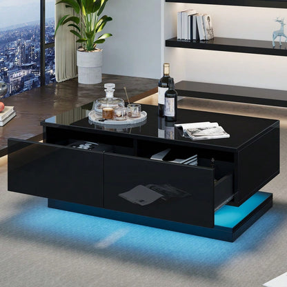 90*50*38cm schwarzer Hochglanz-Couchtisch, Sofatisch mit 2 Schubladen, ausgestattet mit einem stimmungsvollen Wohnzimmertisch mit LED-Beleuchtung, gesteuert über eine mobile App
