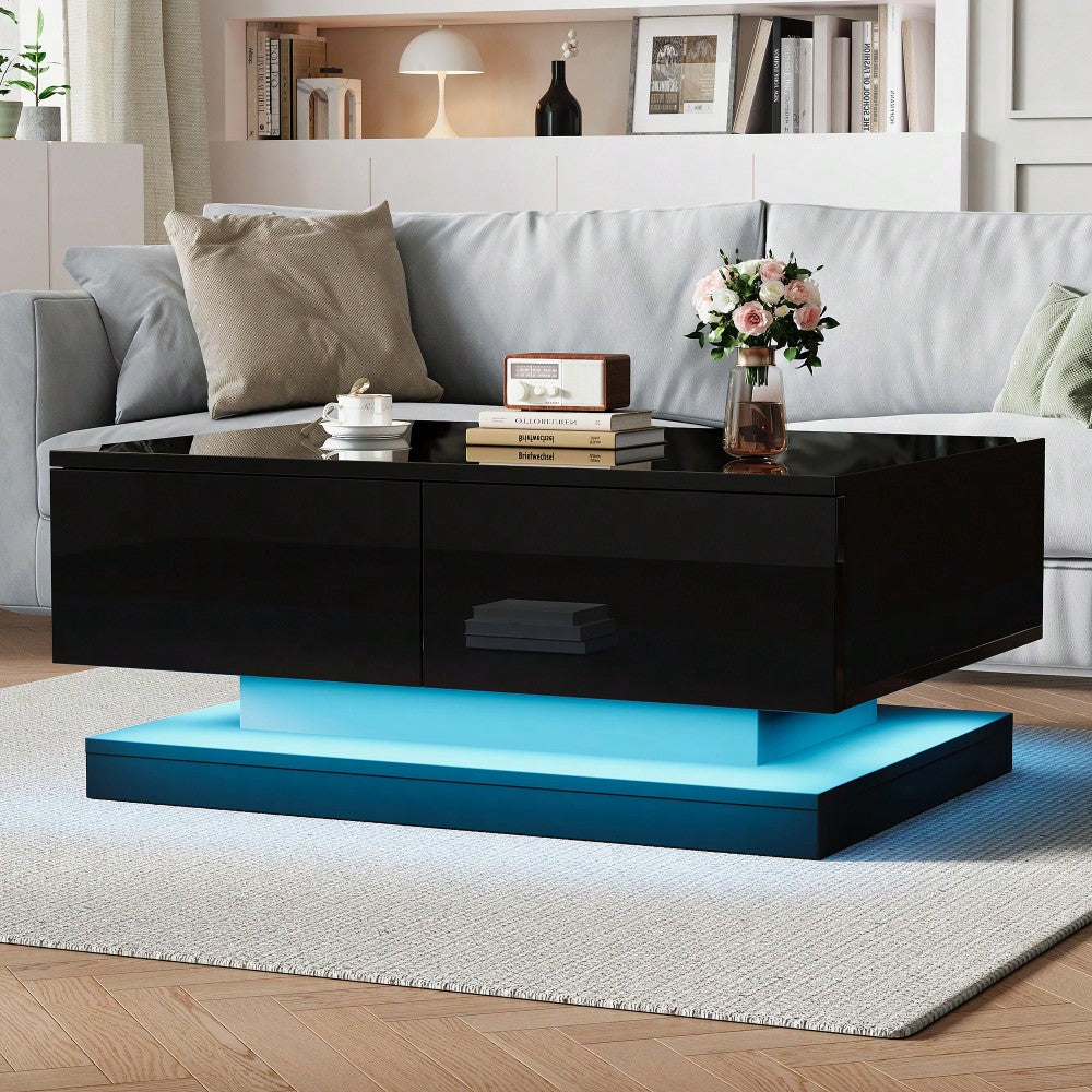90*50*38cm schwarzer Hochglanz-Couchtisch, Sofatisch mit 2 Schubladen, ausgestattet mit einem stimmungsvollen Wohnzimmertisch mit LED-Beleuchtung, gesteuert über eine mobile App